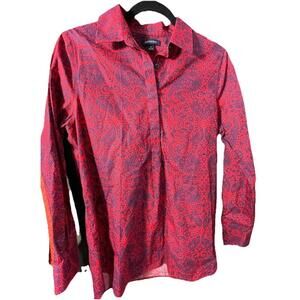Lands End No Iron Red/ Purple Cotton Button Up Blouse Sz 8 Paisley Long Sleeve